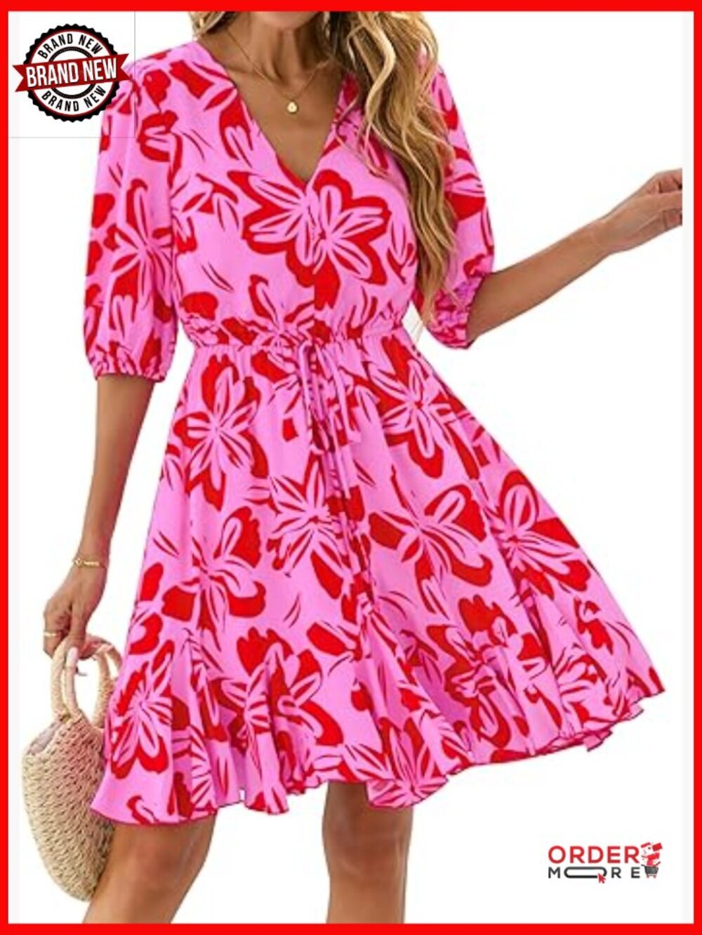 Boho Mini Dress Puff Sleeve V Neck Ruffle Hem Beach Vacation Wedding Guest